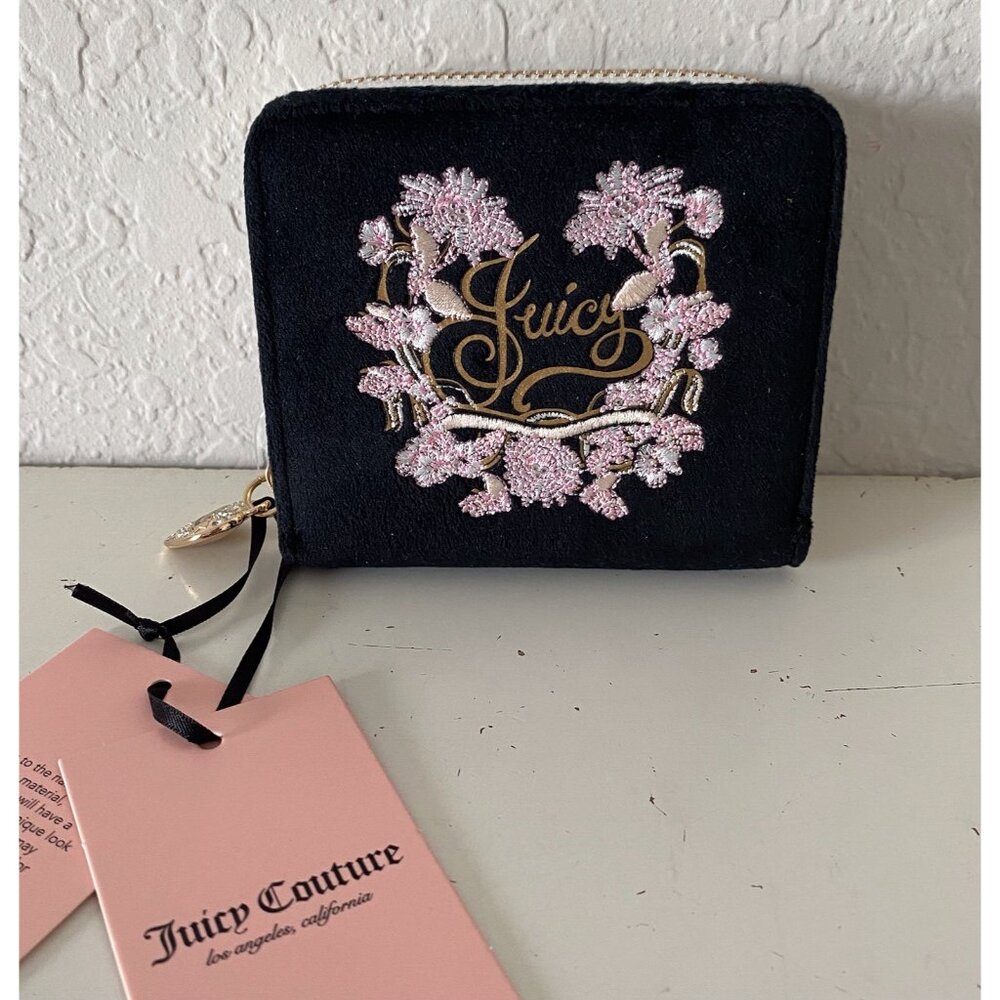 JUICY COUTURE JUICY IN BLOOM ZIP AROUND WALLET Liquorice Floral BLACK PINK New